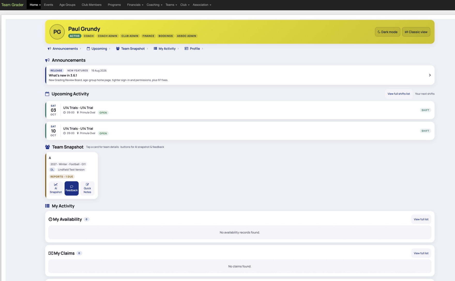 A Team Grader home page in season: upcoming shifts, and each team the coach is responsible for with the number of player reports still due